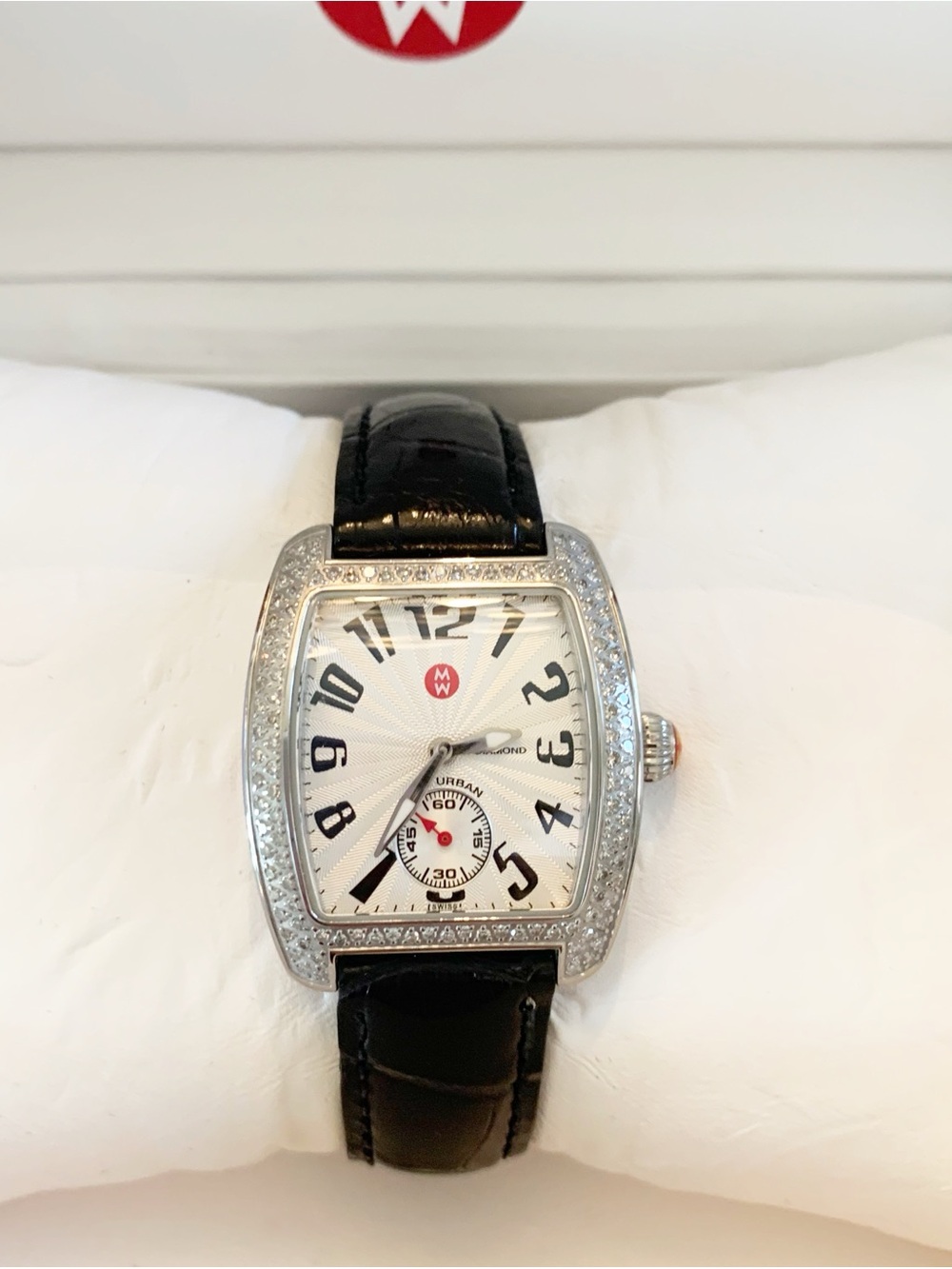Michele Silver Crystal-Trim Watch with Black Leather Strap